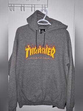 Auth. Thrasher Gray Hoodie with Yellow-Orange Flame Logo